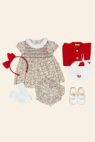 Smock Red Little Flowers Dress & Headband Set