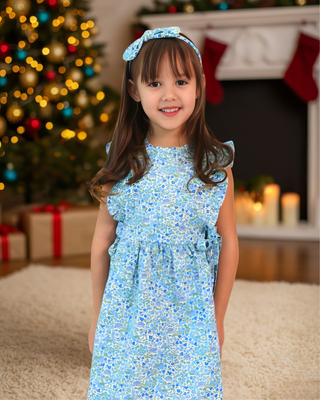 Angel Sleeves Blue Flowers Dress & Headband Set