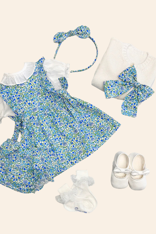 Angel Sleeves Blue Flowers Dress & Headband Set