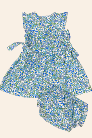 Angel Sleeves Blue Flowers Dress & Headband Set