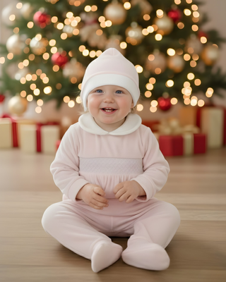 Two Piece Chenille Pink Sleepsuit Smock & Hat