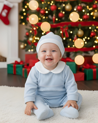 Two Piece Chenille Blue Sleepsuit Smock & Hat